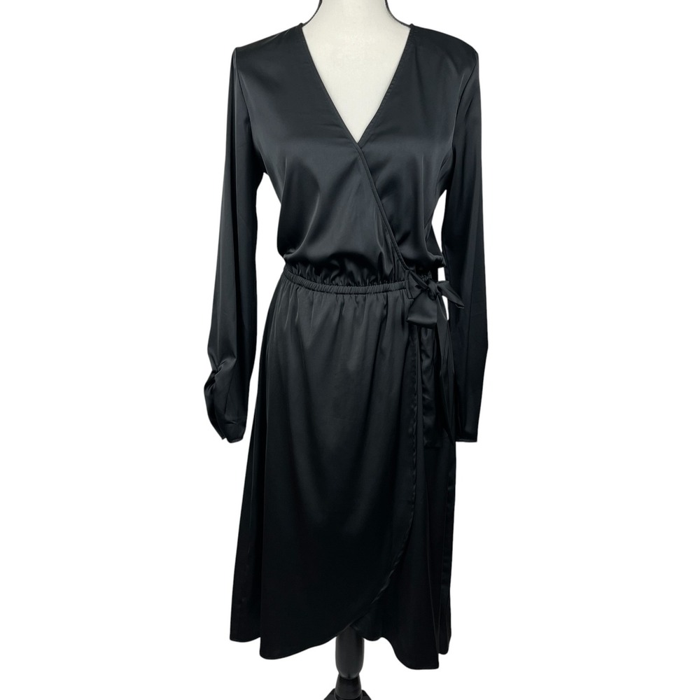 The Drop Women's Midi Dress Small Black Satin Faux Wrap Long Sleeve Cocktail NWT
